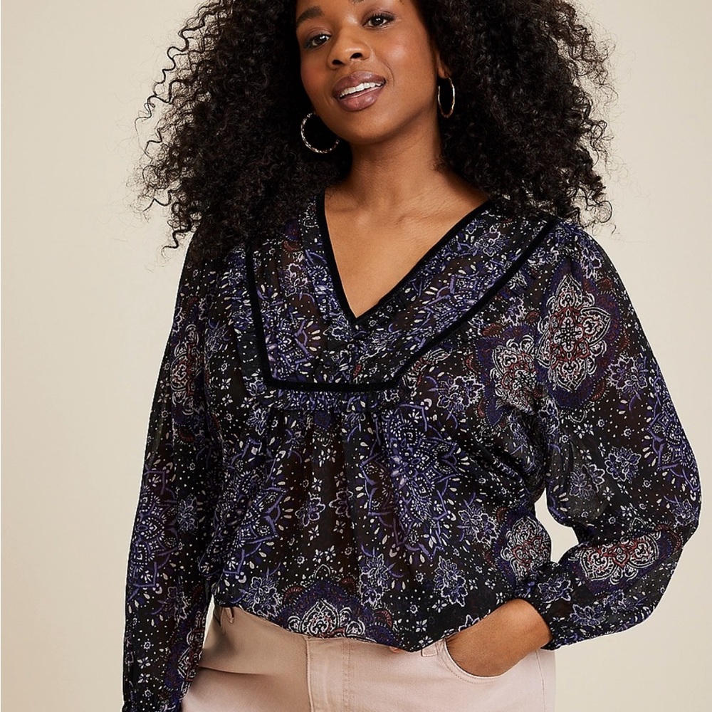 Maurices Purple and Black Embellished Blouse with Sailor Collar